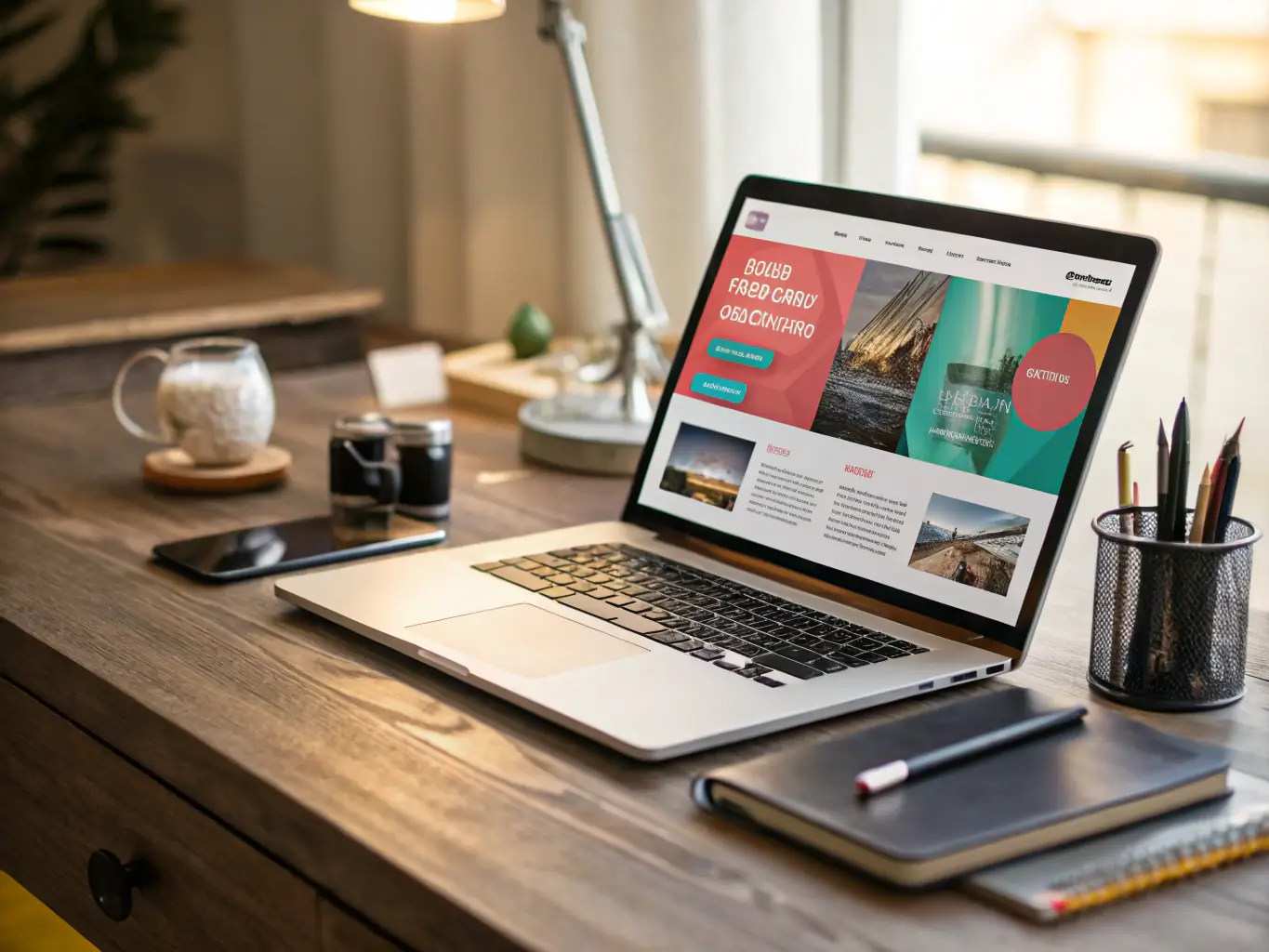 A dynamic image showcasing the AI web builder in action, generating website layouts, content, and images in real-time on a laptop screen.